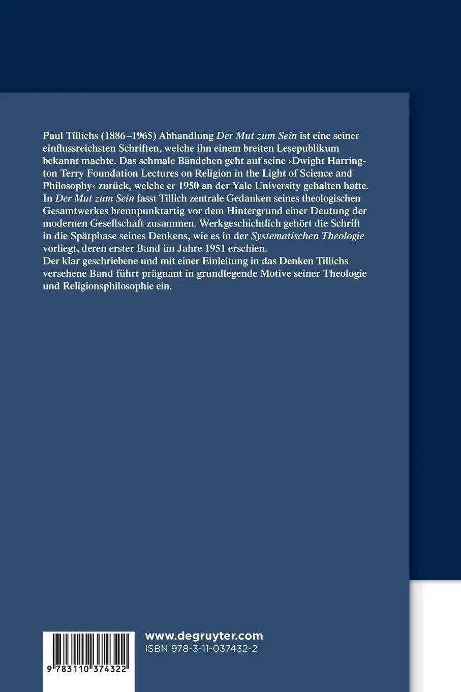Rückseite: 9783110374322 | Der Mut zum Sein | Paul Tillich | Taschenbuch | De Gruyter Texte