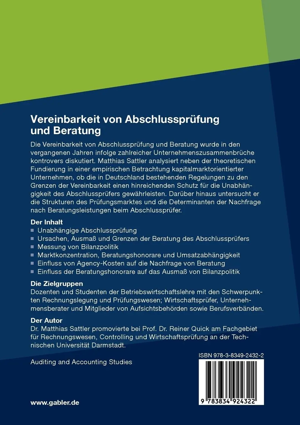 Rückseite: 9783834924322 | Vereinbarkeit von Abschlussprüfung und Beratung | Matthias Sattler