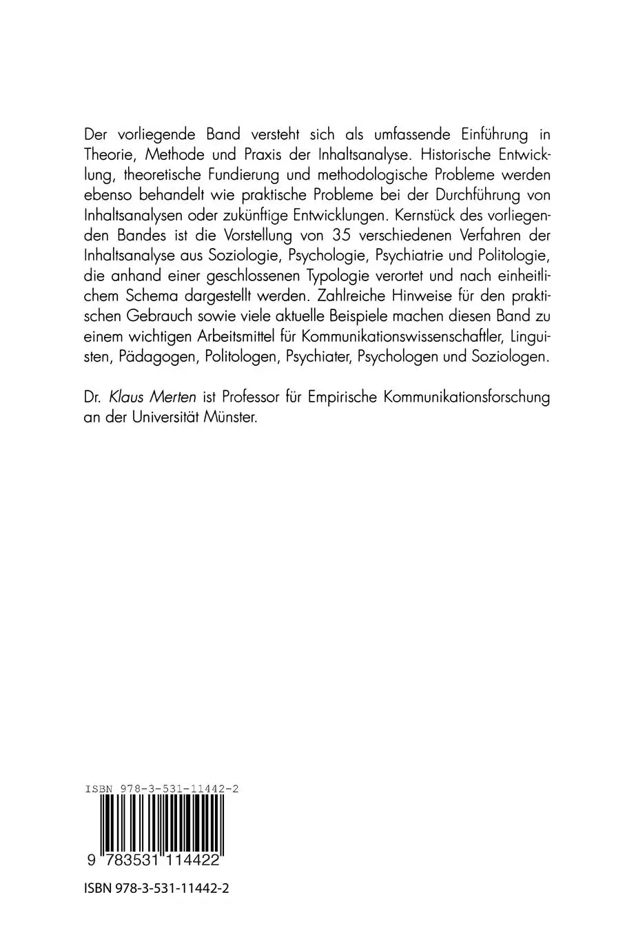 Rückseite: 9783531114422 | Inhaltsanalyse | Einführung in Theorie, Methode und Praxis | Merten