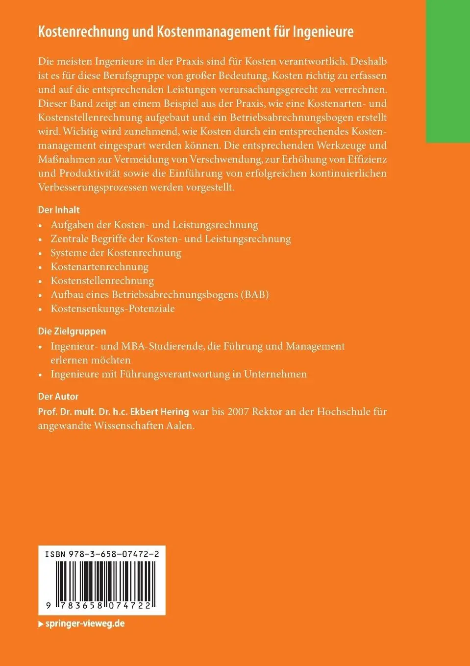 Rückseite: 9783658074722 | Kostenrechnung und Kostenmanagement für Ingenieure | Ekbert Hering