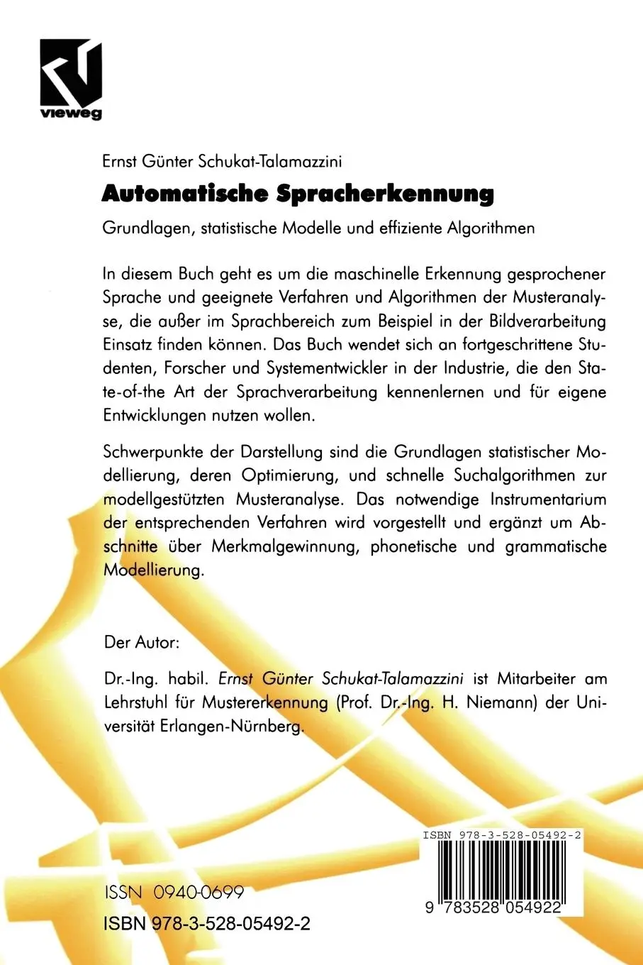 Rückseite: 9783528054922 | Automatische Spracherkennung | Ernst Günter Schukat-Talamazzini | Buch