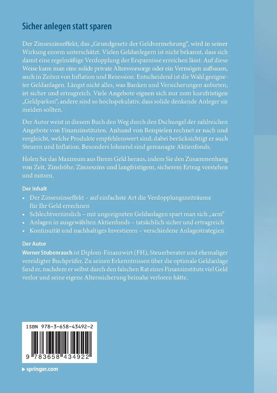 Rückseite: 9783658434922 | Sicher anlegen statt sparen | Werner Stubenrauch | Taschenbuch | xvii