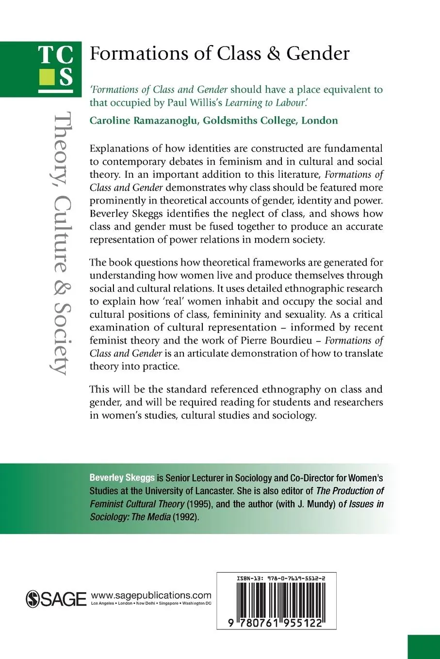 Rückseite: 9780761955122 | Formations of Class &amp; Gender | Becoming Respectable | Bev Skeggs