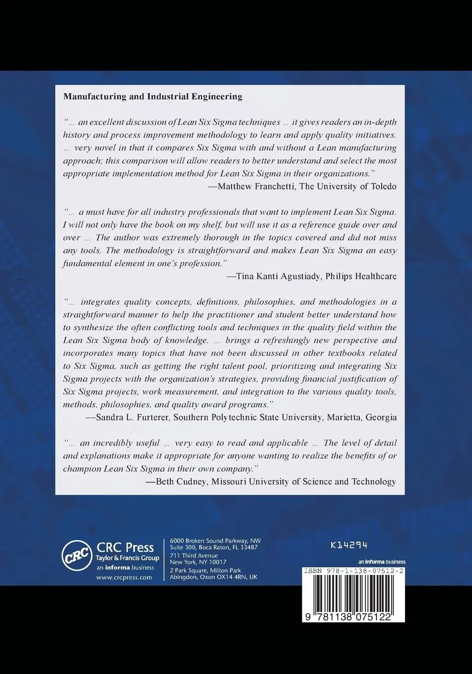 Rückseite: 9781138075122 | Quality Management for Organizations Using Lean Six Sigma Techniques Rückseite: 9781138075122 | Quality Management for Organizations Using Lean Six Sigma Techniques