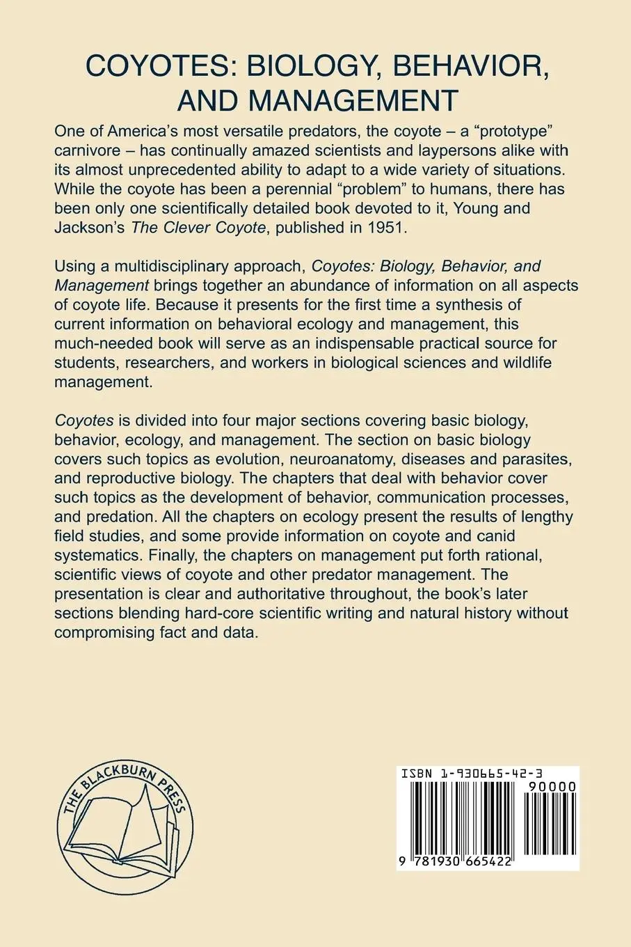 Rückseite: 9781930665422 | Coyotes | Biology, Behavior and Management | Marc Bekoff | Taschenbuch