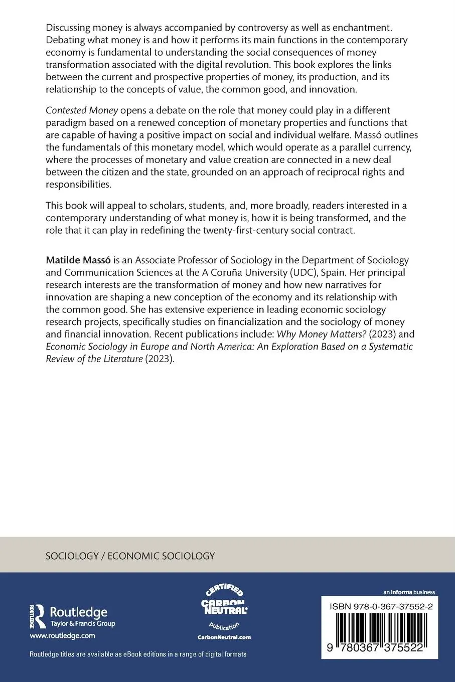 Rückseite: 9780367375522 | Contested Money | Toward a New Social Contract | Matilde Massó | Buch