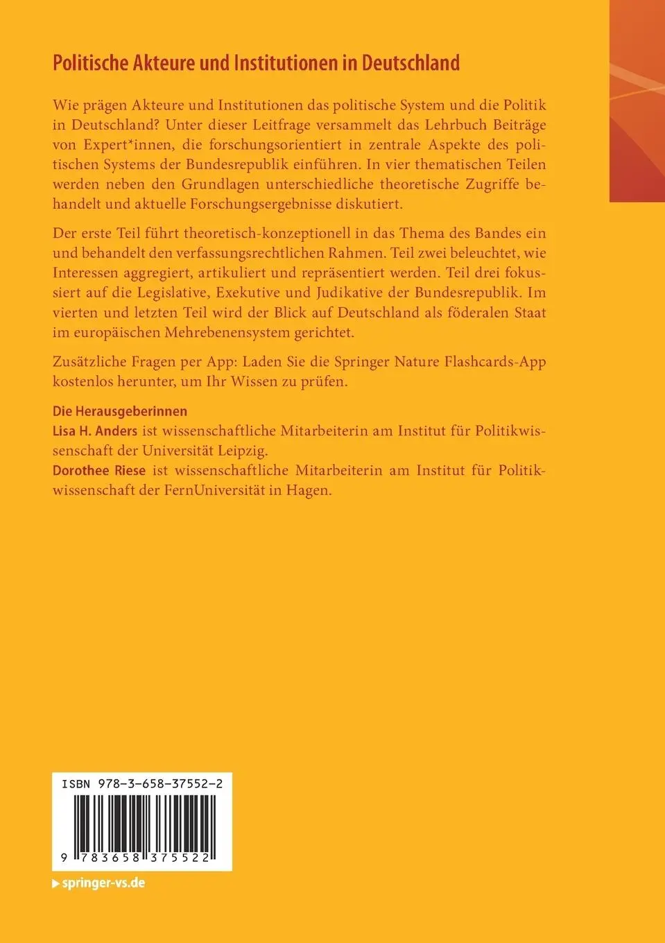 Rückseite: 9783658375522 | Politische Akteure und Institutionen in Deutschland | Riese (u. a.)