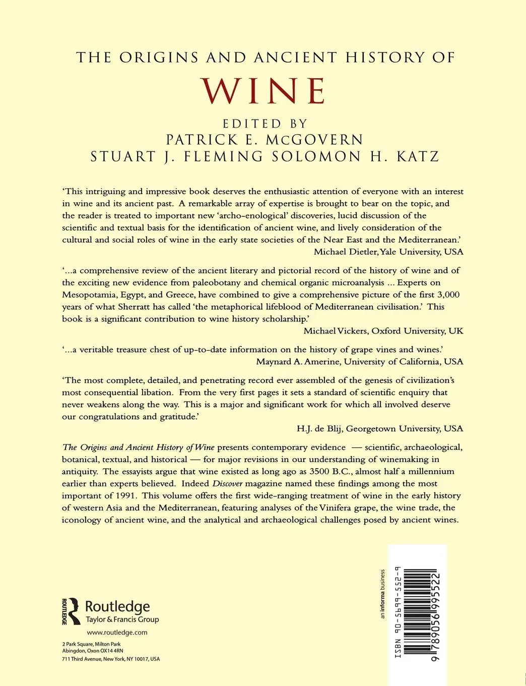 Rückseite: 9789056995522 | The Origins and Ancient History of Wine | Patrick E. Mcgovern (u. a.)