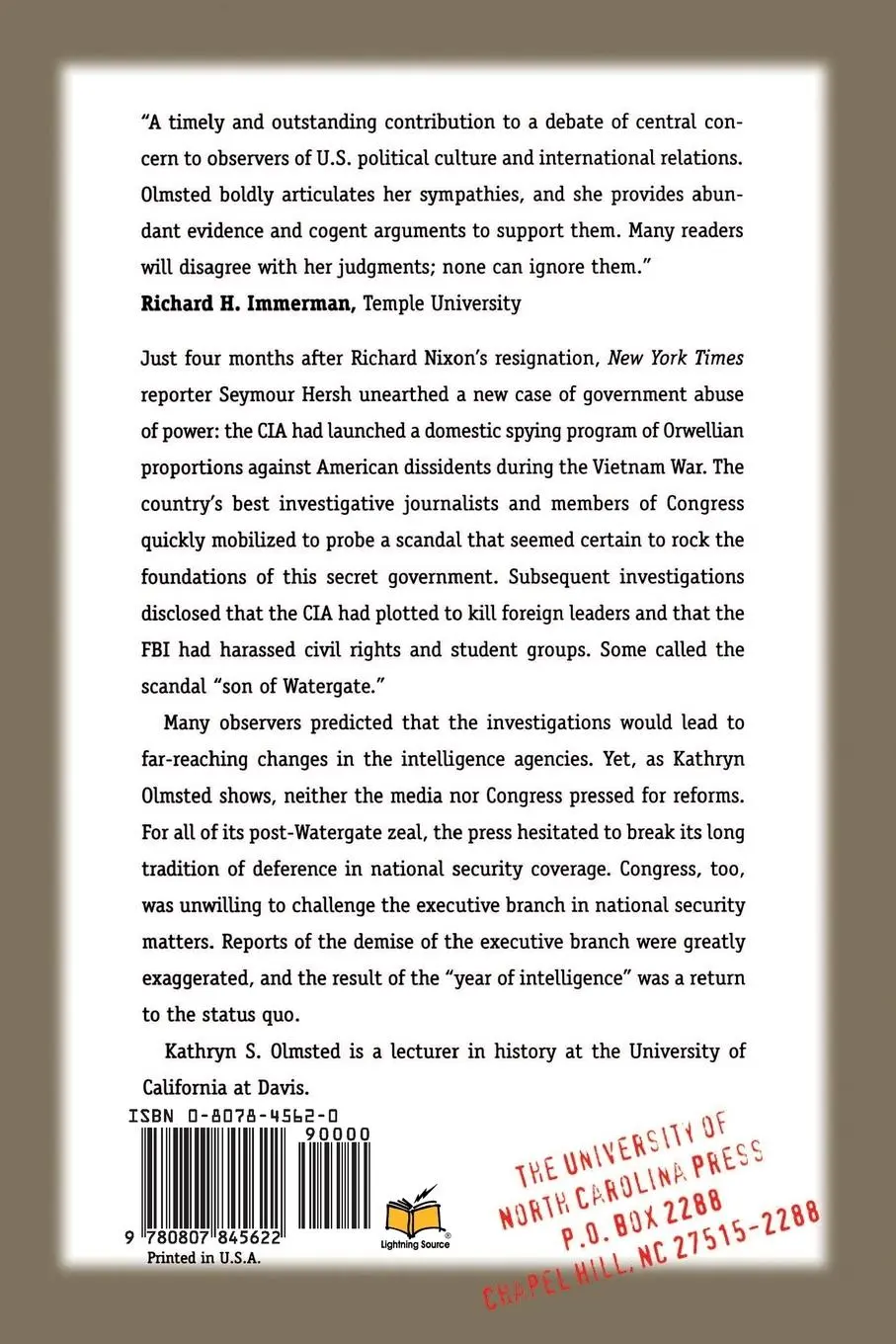 Rückseite: 9780807845622 | Challenging the Secret Government | Kathryn S. Olmsted | Taschenbuch