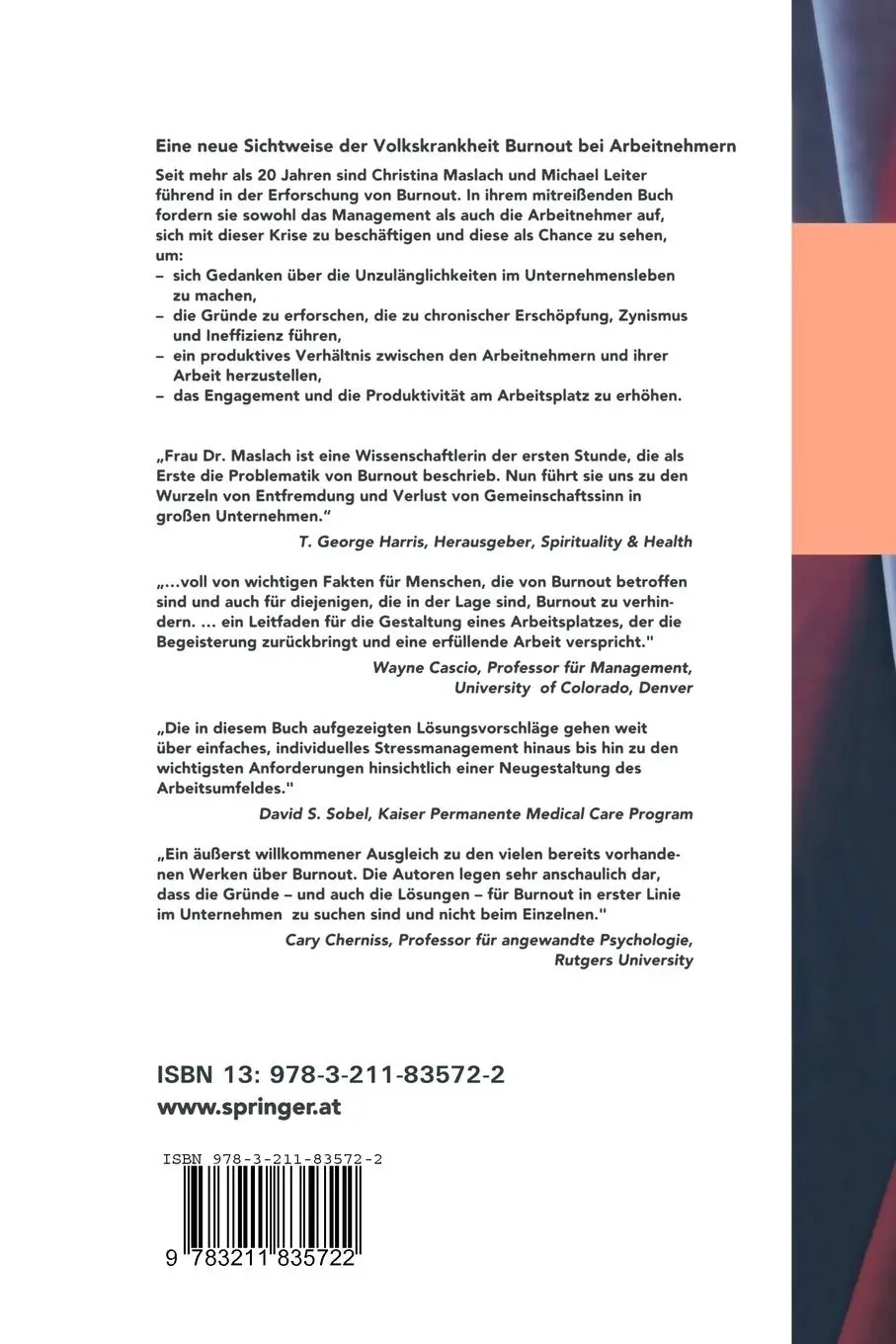 Rückseite: 9783211835722 | Die Wahrheit über Burnout | Christina Maslach (u. a.) | Taschenbuch