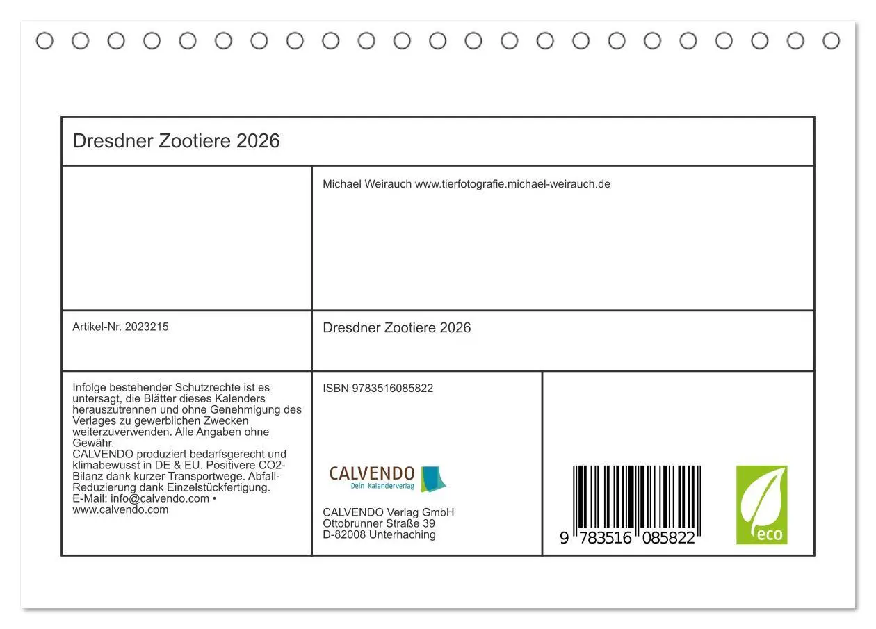 Bild: 9783516085822 | Dresdner Zootiere 2026 (Tischkalender 2026 DIN A5 quer), CALVENDO...