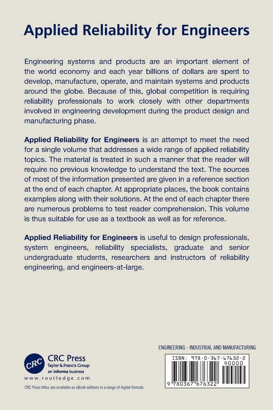 Rückseite: 9780367676322 | Applied Reliability for Engineers | B. S. Dhillon | Taschenbuch | 2024