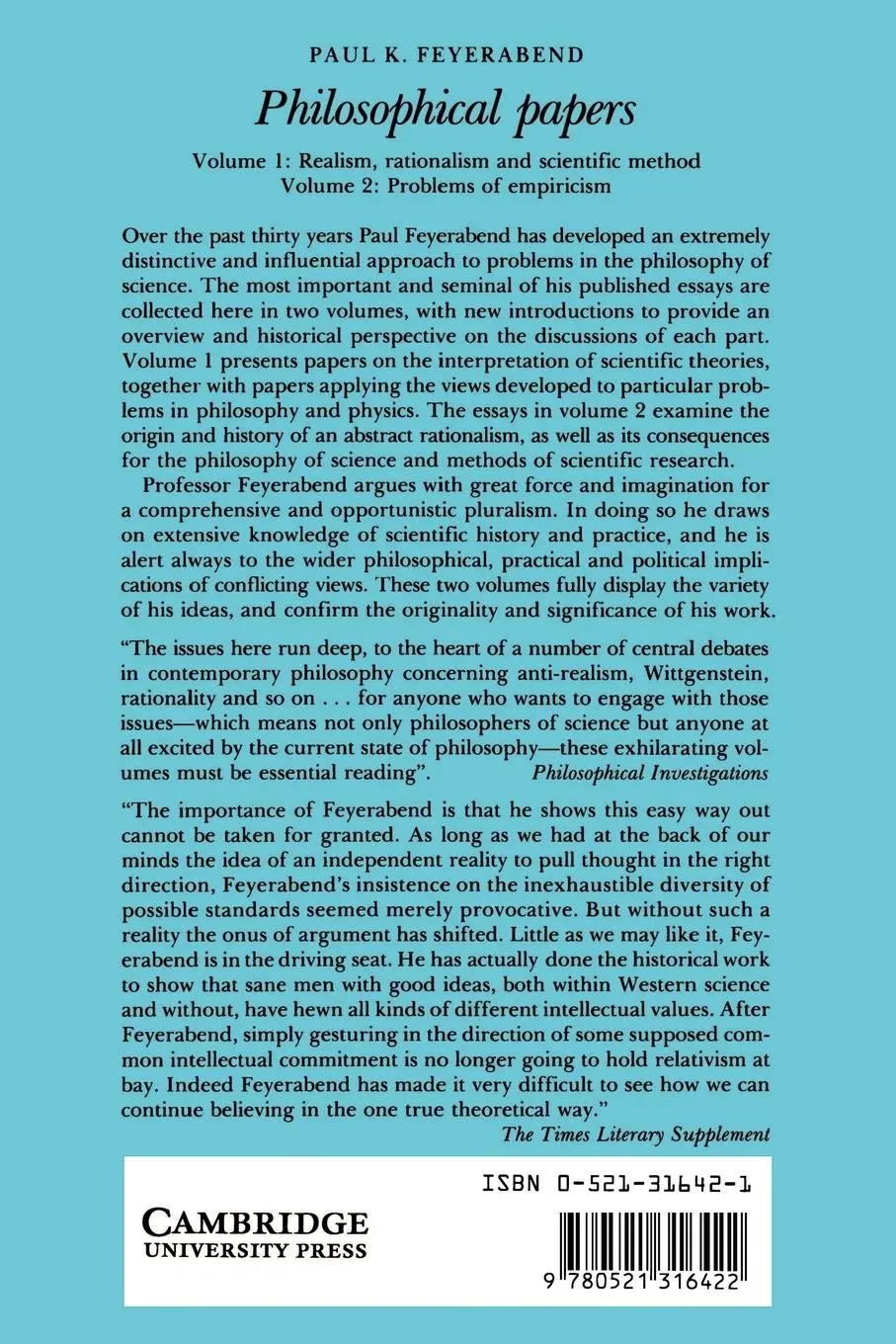 Rückseite: 9780521316422 | Realism, Rationalism and Scientific Method | Paul K. Feyerabend | Buch