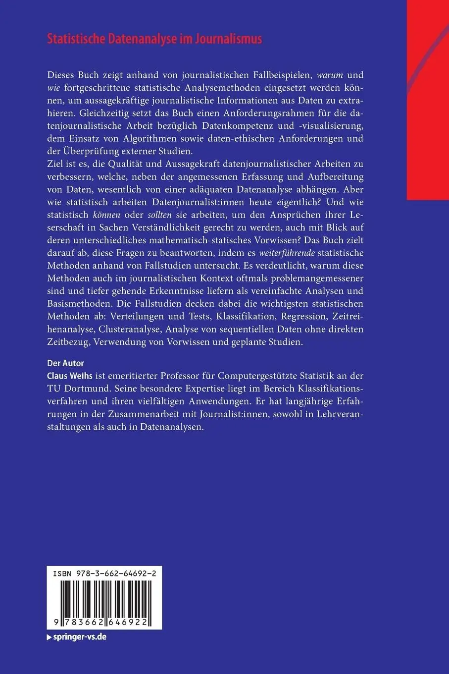 Rückseite: 9783662646922 | Statistische Datenanalyse im Journalismus | Claus Weihs | Taschenbuch