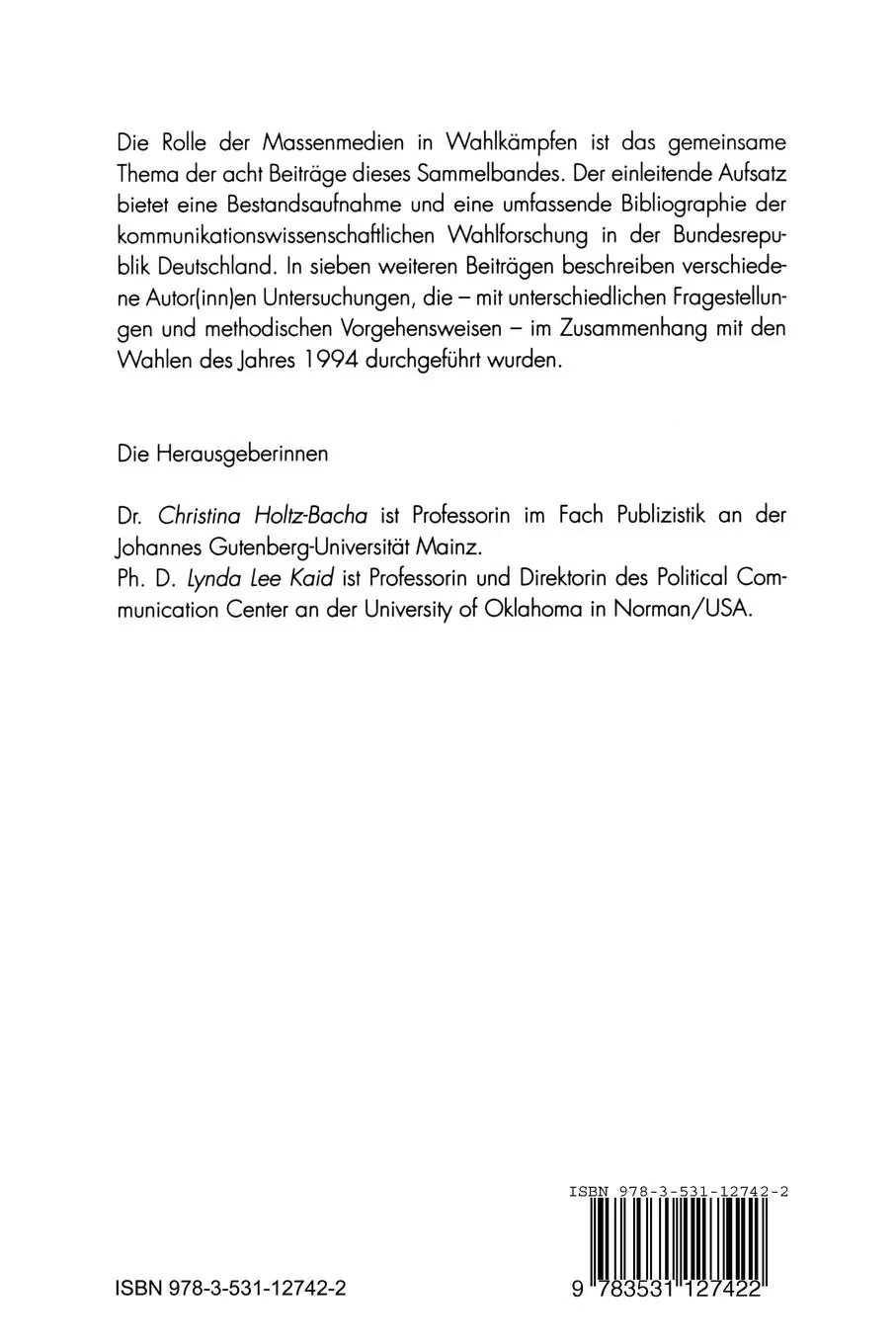 Rückseite: 9783531127422 | Wahlen und Wahlkampf in den Medien | Lynda Lee Kaid (u. a.) | Buch