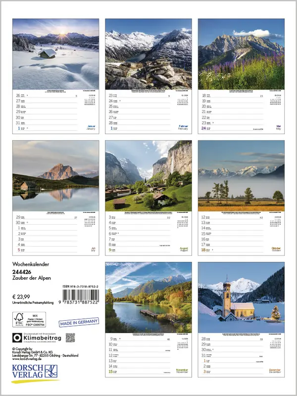 Bild: 9783731887522 | Zauber der Alpen 2026 | Verlag Korsch | Kalender | Spiralbindung