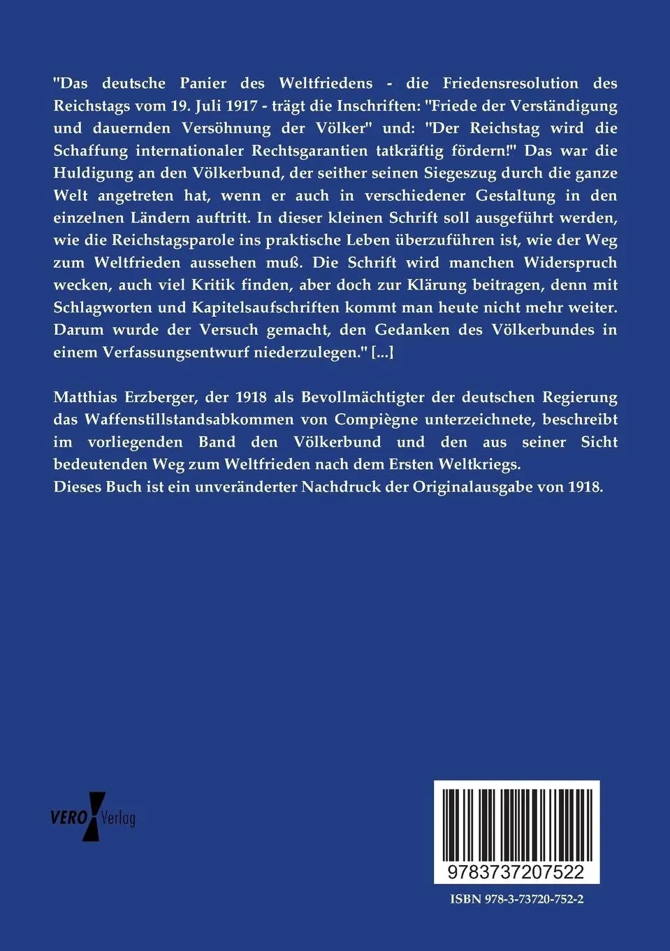 Rückseite: 9783737207522 | Der Völkerbund, der Weg zum Weltfrieden | Matthias Erzberger | Buch