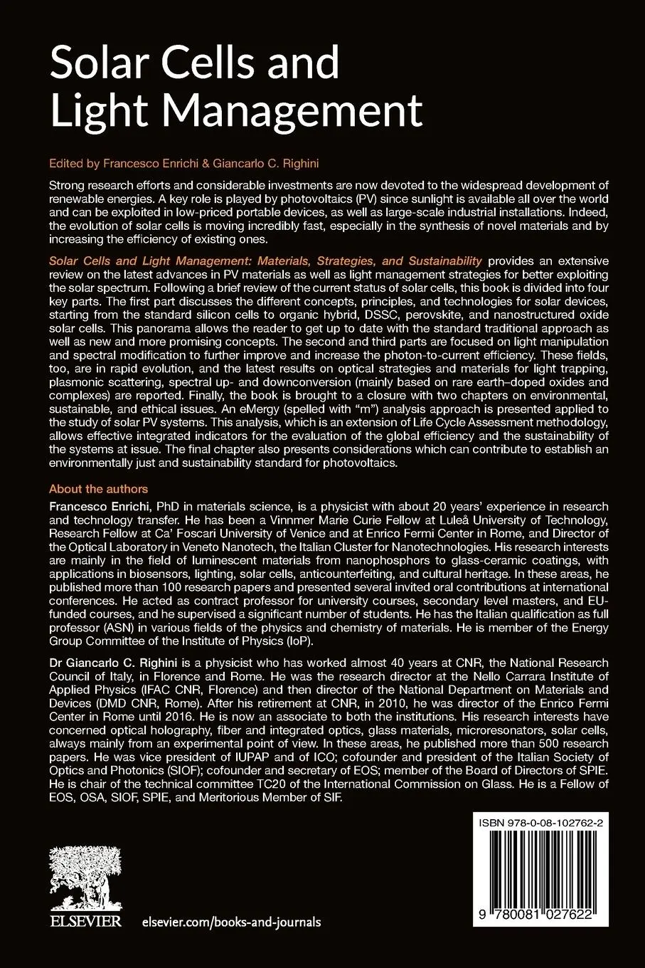 Rückseite: 9780081027622 | Solar Cells and Light Management | Francesco Enrichi (u. a.) | Buch