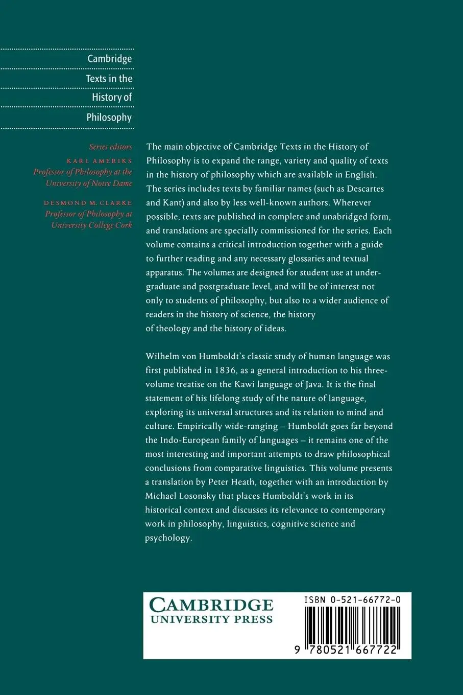 Rückseite: 9780521667722 | Humboldt | Wilhelm Von Humboldt (u. a.) | Taschenbuch | Englisch