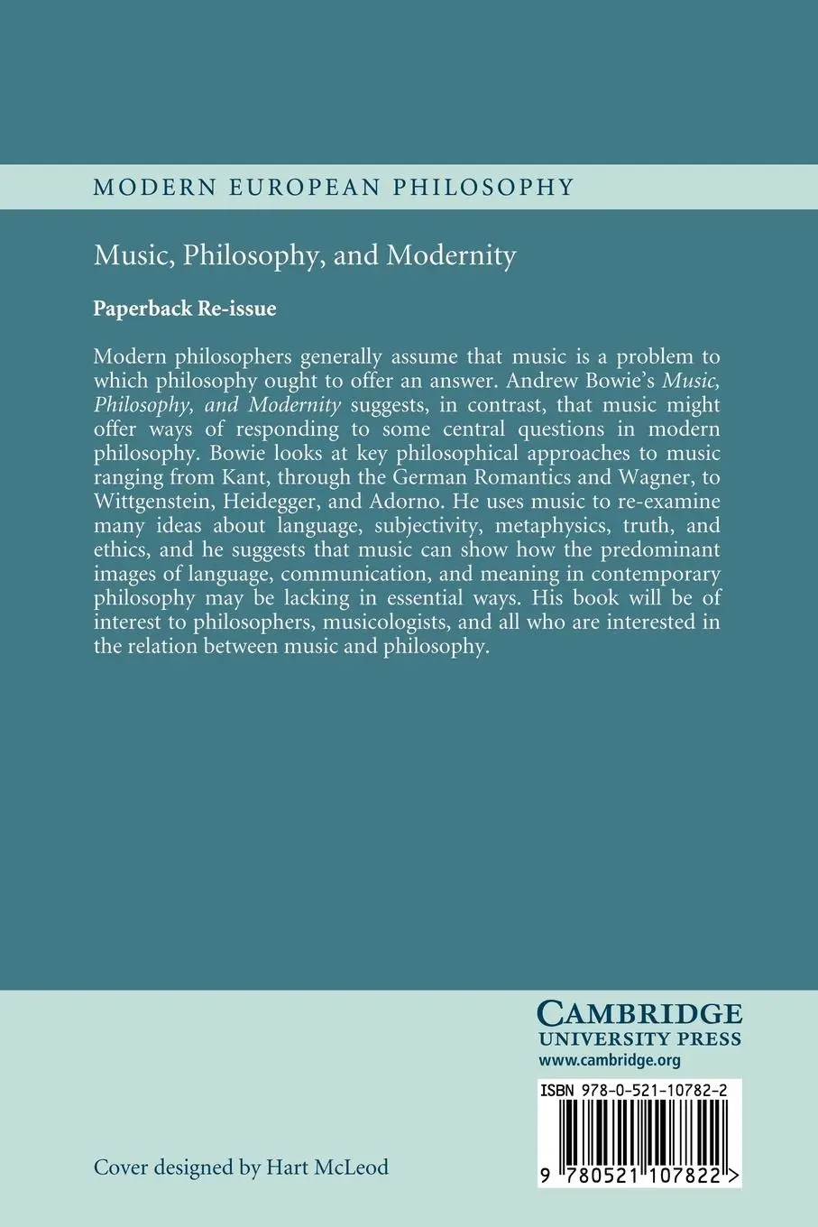 Rückseite: 9780521107822 | Music, Philosophy, and Modernity | Andrew Bowie (u. a.) | Taschenbuch