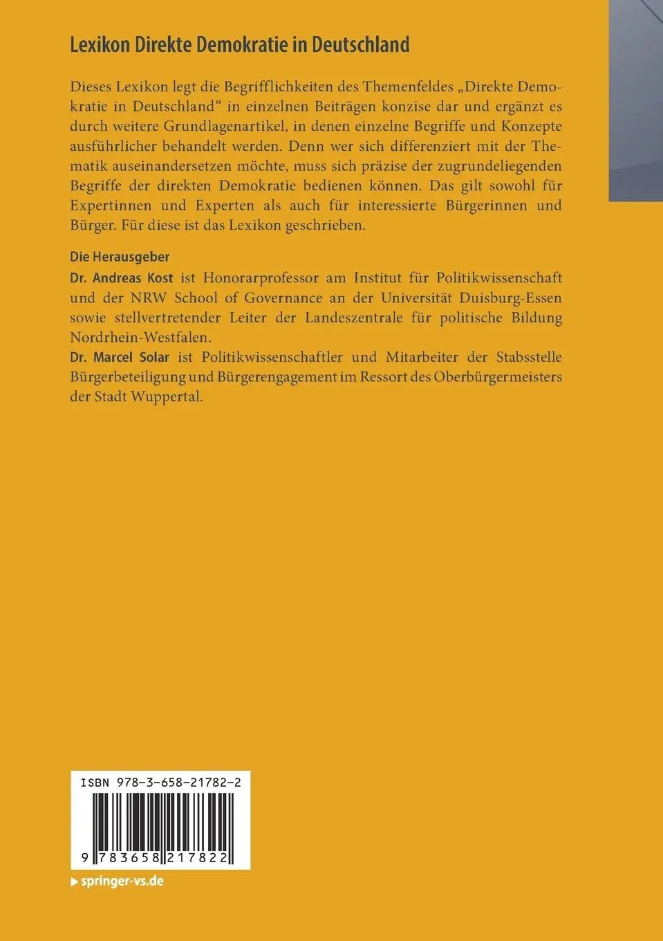 Rückseite: 9783658217822 | Lexikon Direkte Demokratie in Deutschland | Marcel Solar (u. a.) | xv