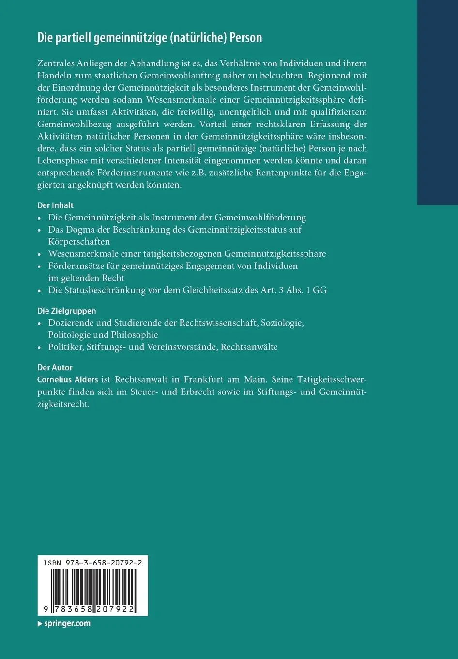 Rückseite: 9783658207922 | Die partiell gemeinnützige (natürliche) Person | Cornelius Alders | ix
