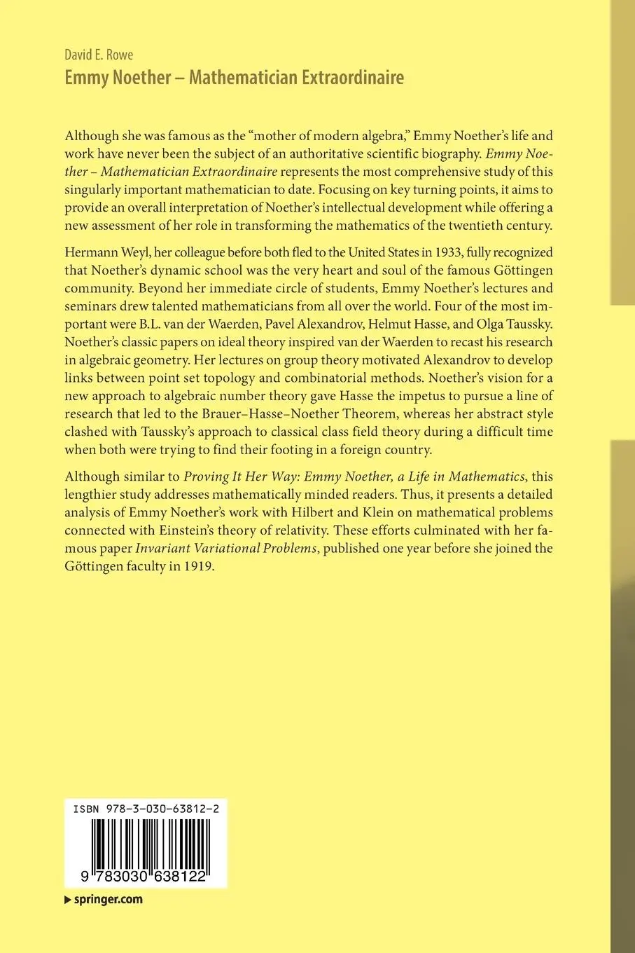 Rückseite: 9783030638122 | Emmy Noether - Mathematician Extraordinaire | David E. Rowe | Buch