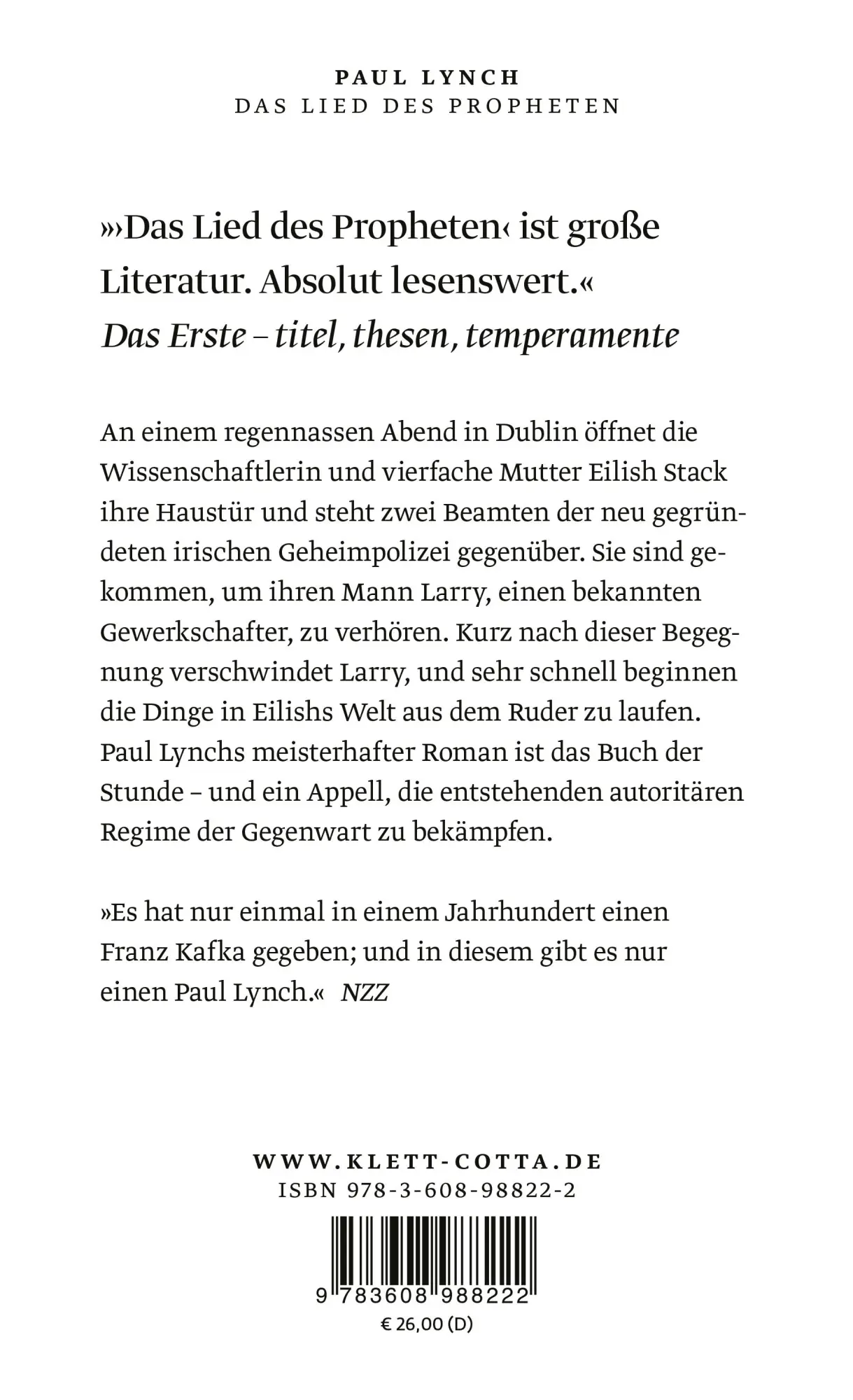 Rückseite: 9783608988222 | Das Lied des Propheten | Roman Booker Prize 2023 | Paul Lynch | Buch