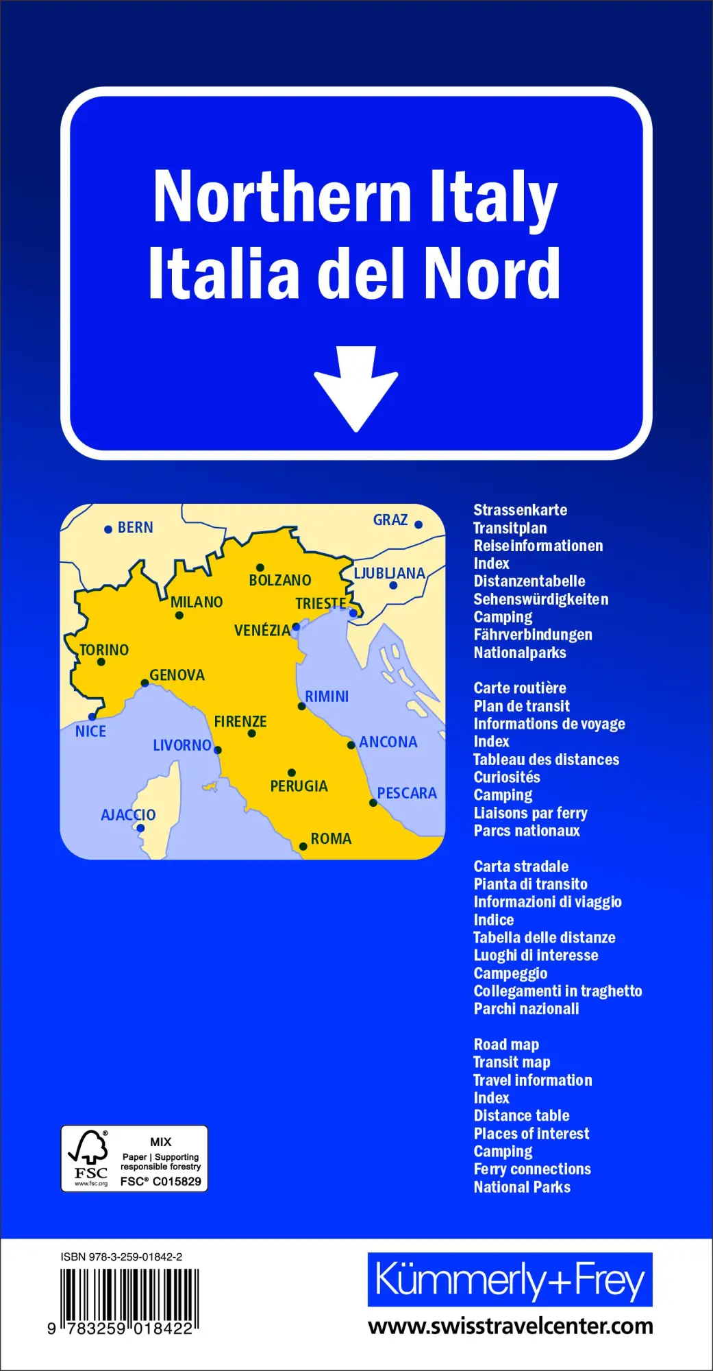 Rückseite: 9783259018422 | Kümmerly+Frey Strassenkarte Italien Nord 1:650.000 | AG | (Land-)Karte