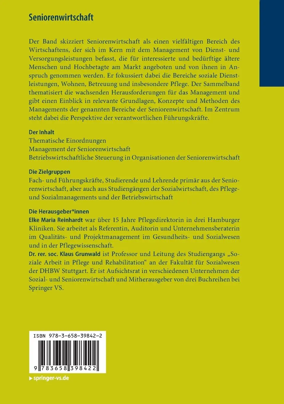 Rückseite: 9783658398422 | Seniorenwirtschaft | Management und Perspektiven | Grunwald (u. a.)