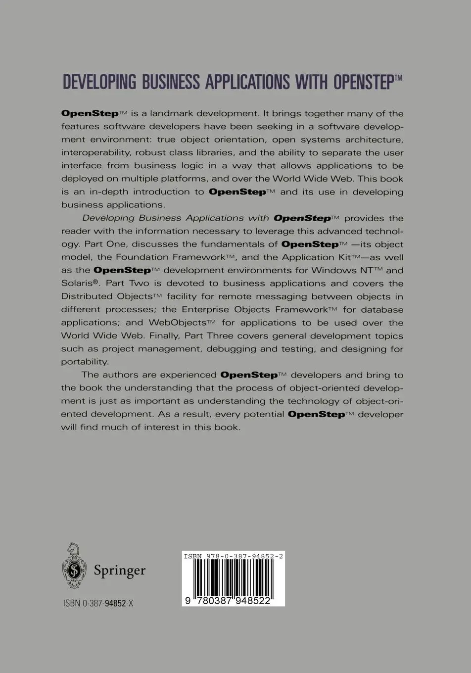 Rückseite: 9780387948522 | Developing Business Applications with OpenStep(TM) | Clark (u. a.)