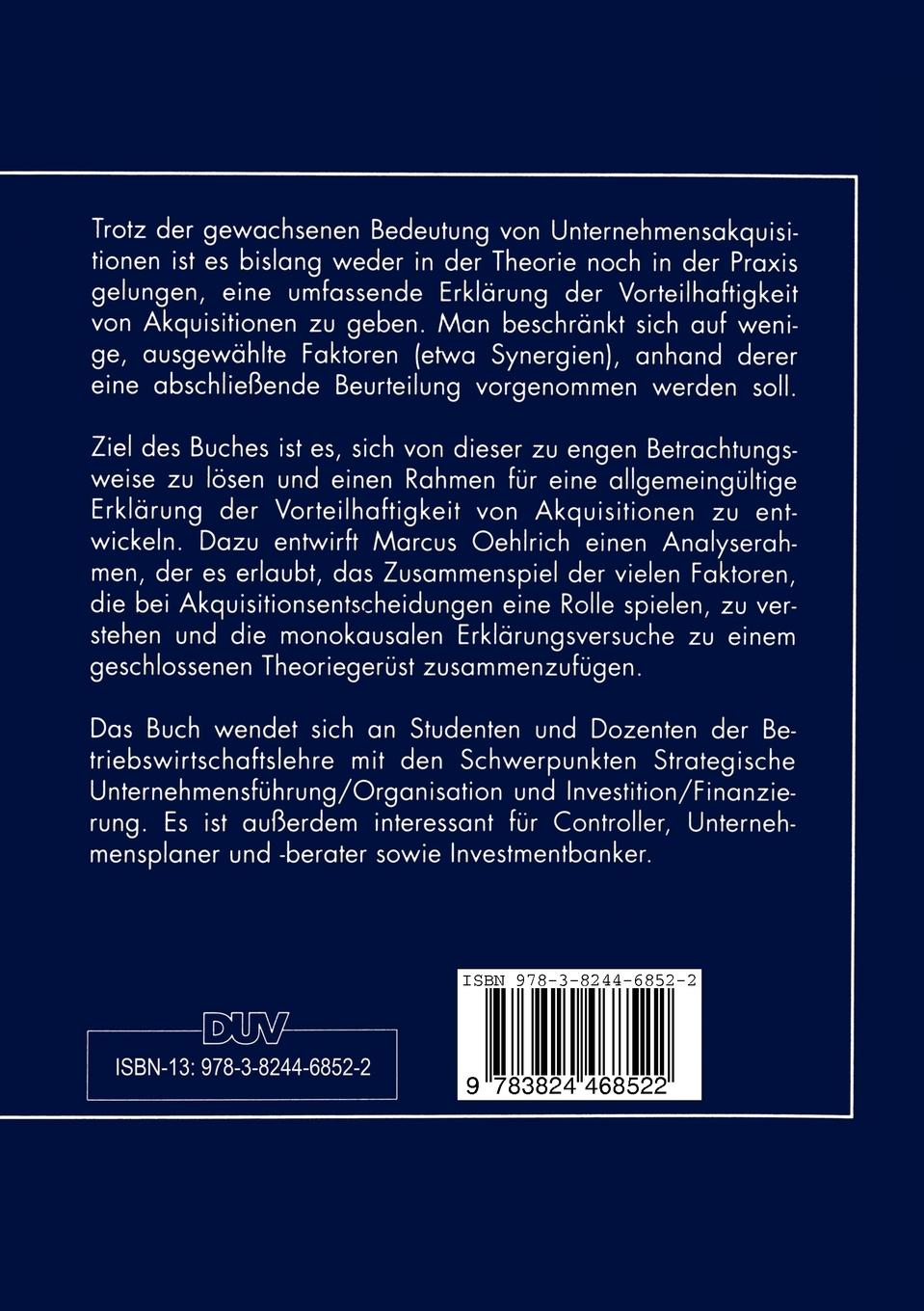 Rückseite: 9783824468522 | Strategische Analyse von Unternehmensakquisitionen | Marcus Oehlrich