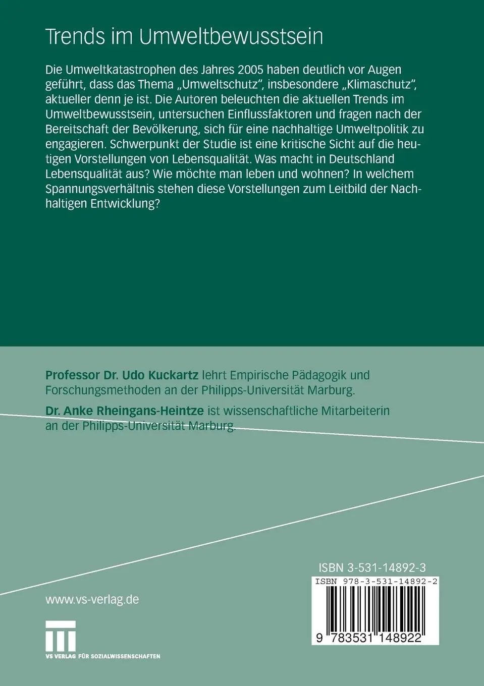 Rückseite: 9783531148922 | Trends im Umweltbewusstsein | Udo Kuckartz (u. a.) | Taschenbuch | vii