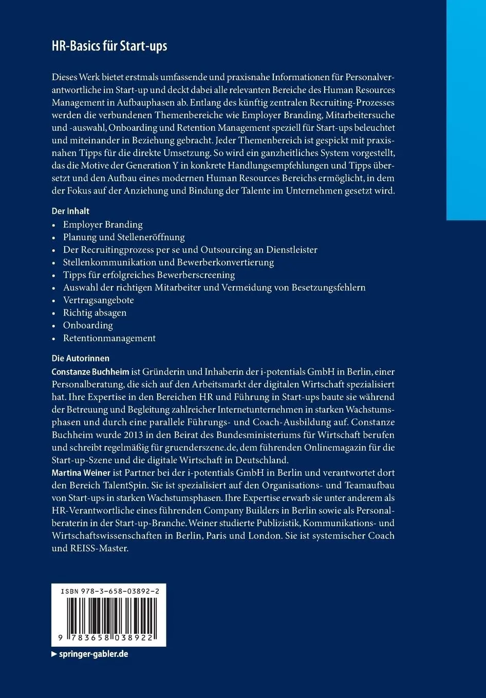 Rückseite: 9783658038922 | HR-Basics für Start-ups | Martina Weiner (u. a.) | Taschenbuch | x