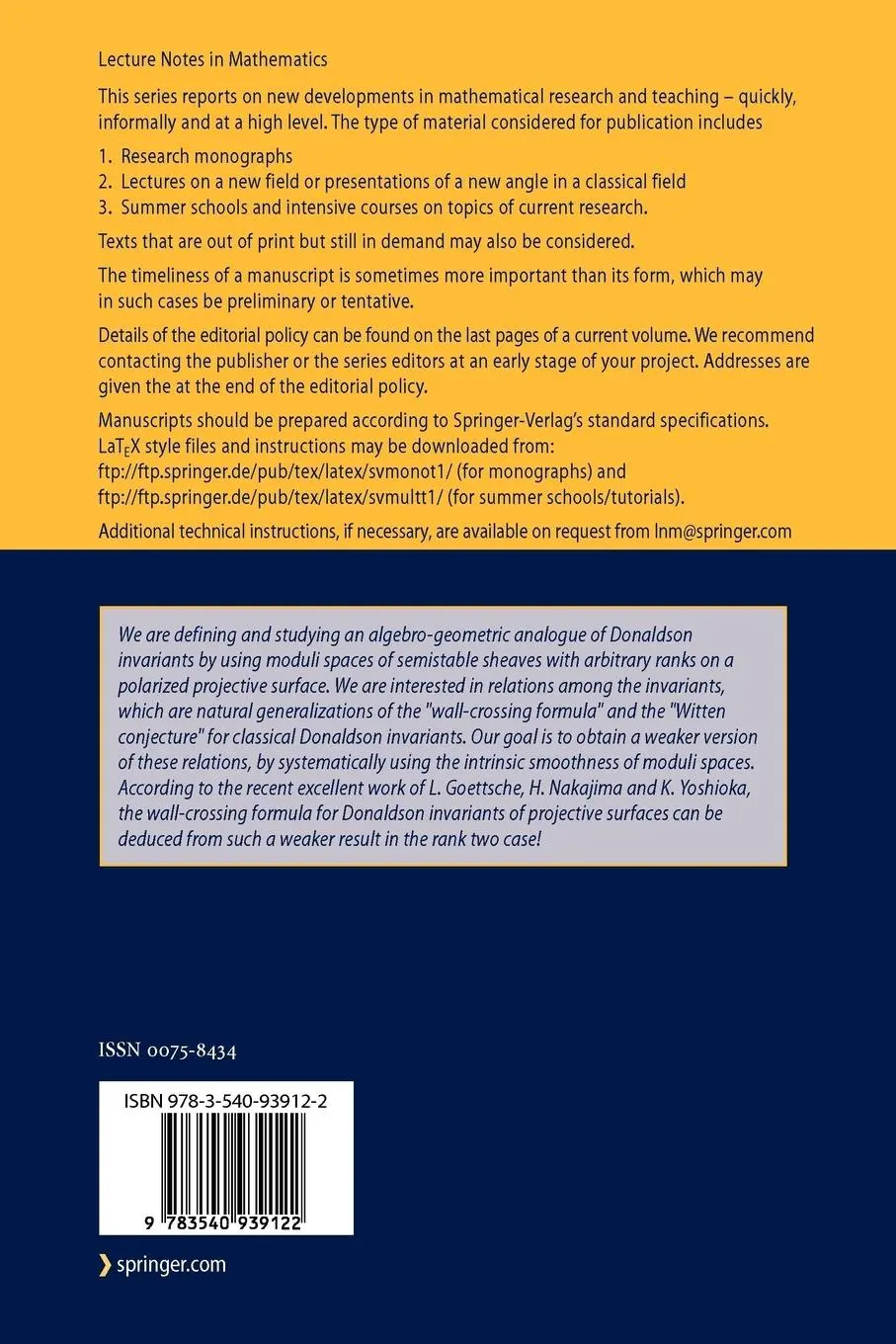 Rückseite: 9783540939122 | Donaldson Type Invariants for Algebraic Surfaces | Takuro Mochizuki