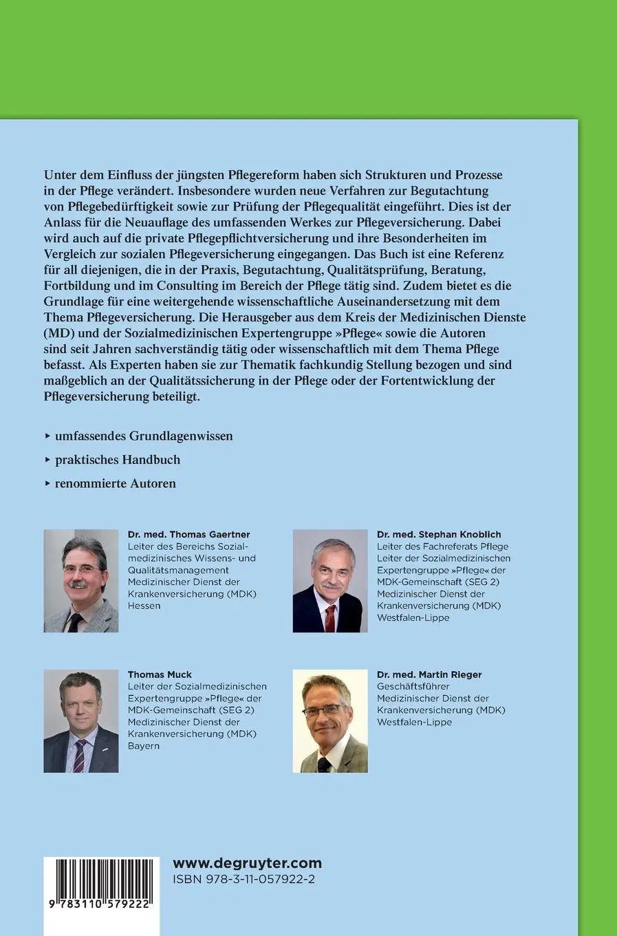 Rückseite: 9783110579222 | Die Pflegeversicherung | Thomas Gaertner (u. a.) | Buch | XXXIV | 2020