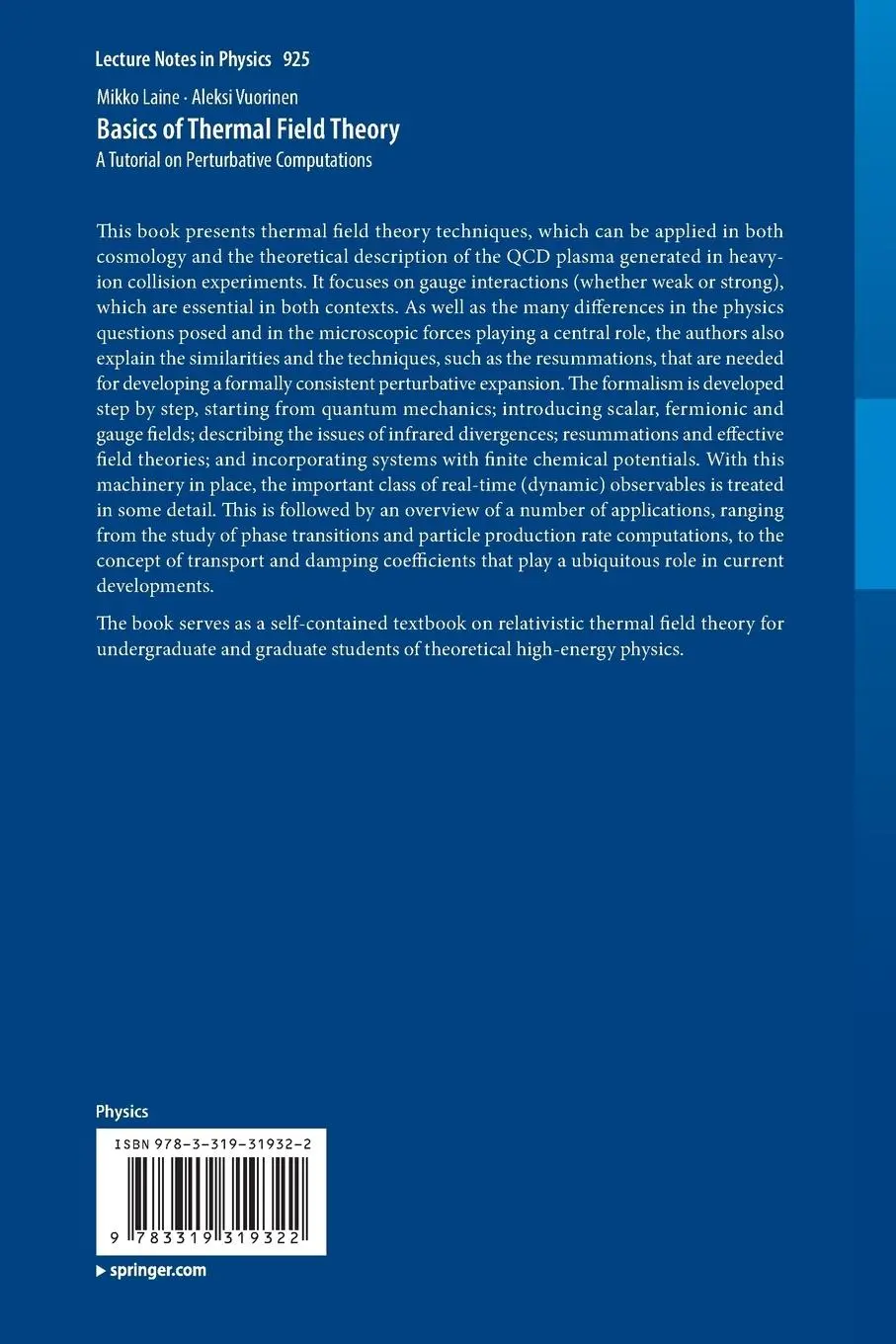 Rückseite: 9783319319322 | Basics of Thermal Field Theory | Aleksi Vuorinen (u. a.) | Taschenbuch
