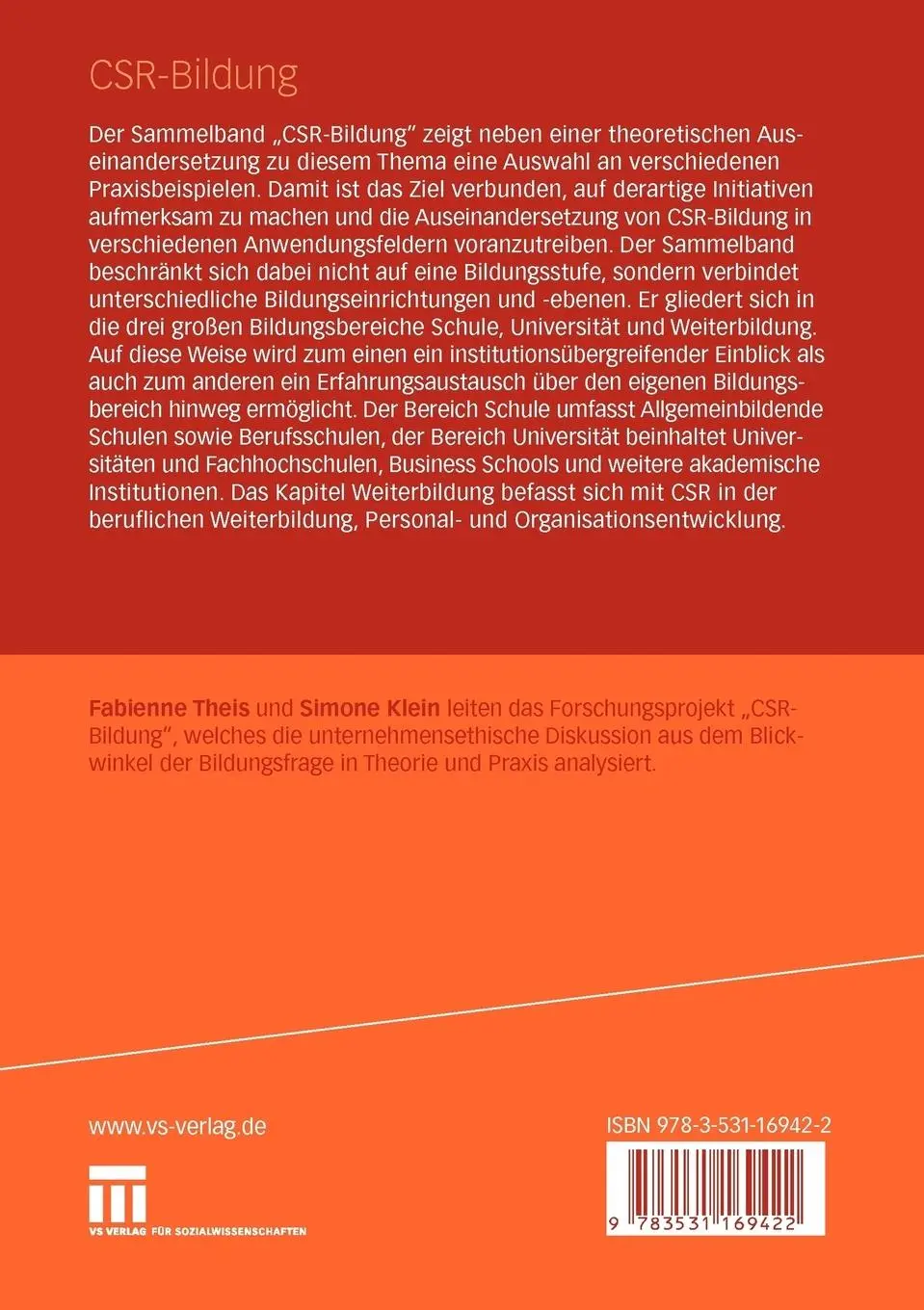 Rückseite: 9783531169422 | CSR-Bildung | Simone Klein (u. a.) | Taschenbuch | 231 S. | Deutsch