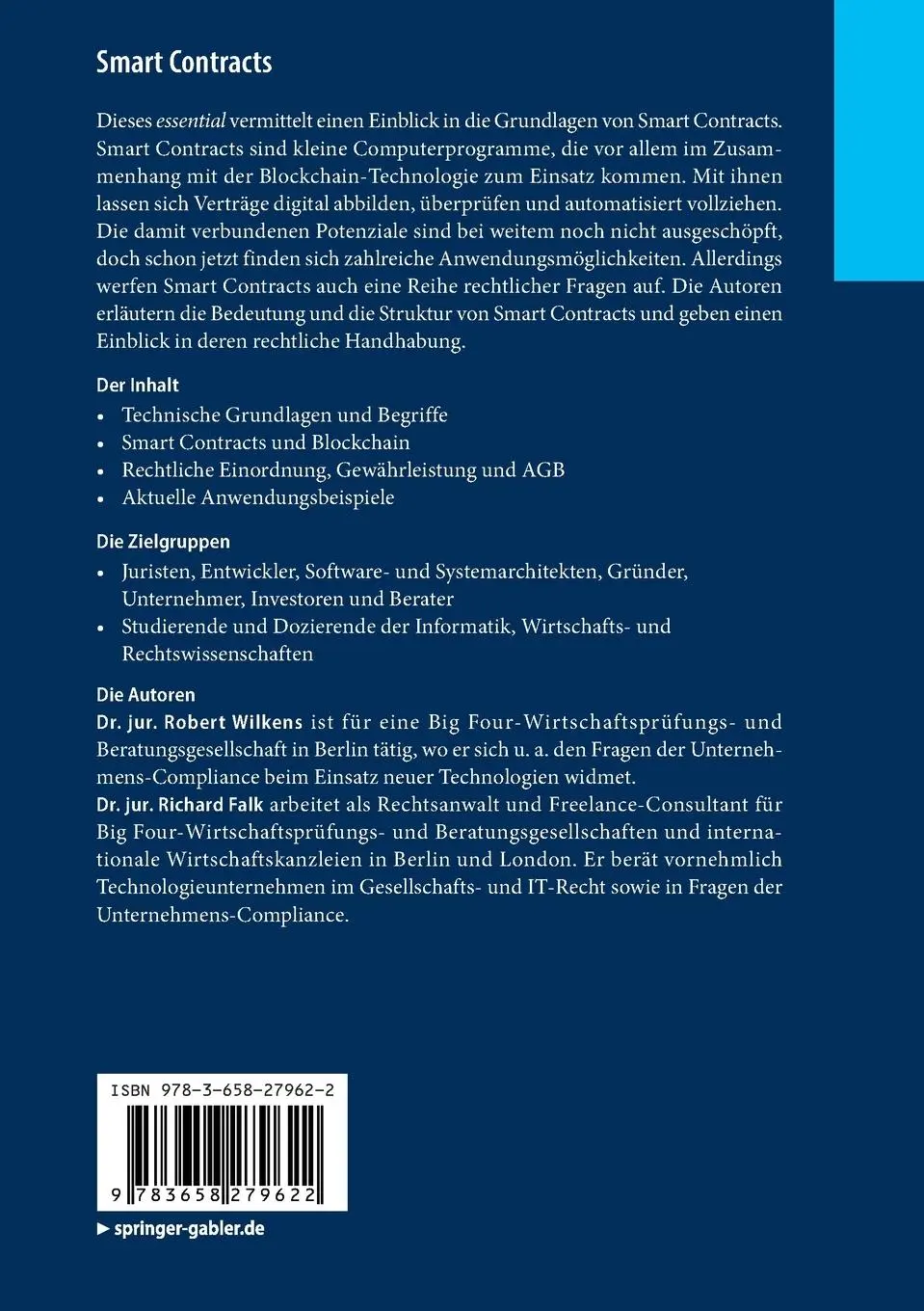 Rückseite: 9783658279622 | Smart Contracts | Grundlagen, Anwendungsfelder und rechtliche Aspekte