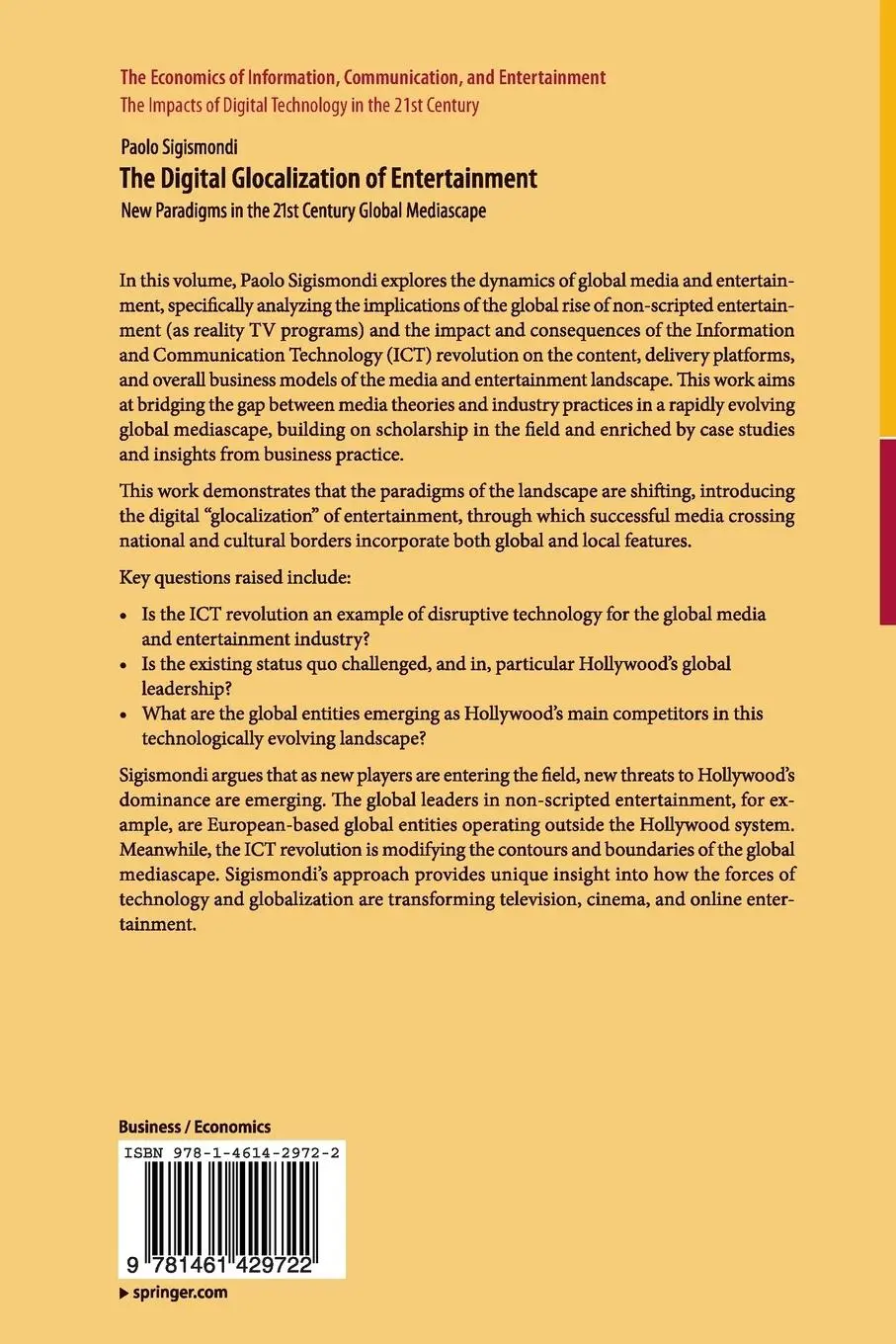 Rückseite: 9781461429722 | The Digital Glocalization of Entertainment | Paolo Sigismondi | Buch