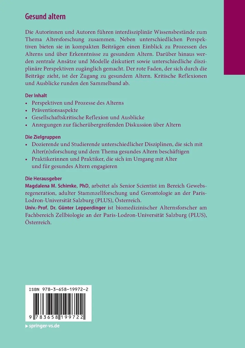 Rückseite: 9783658199722 | Gesund altern | Günter Lepperdinger (u. a.) | Taschenbuch | xxiii