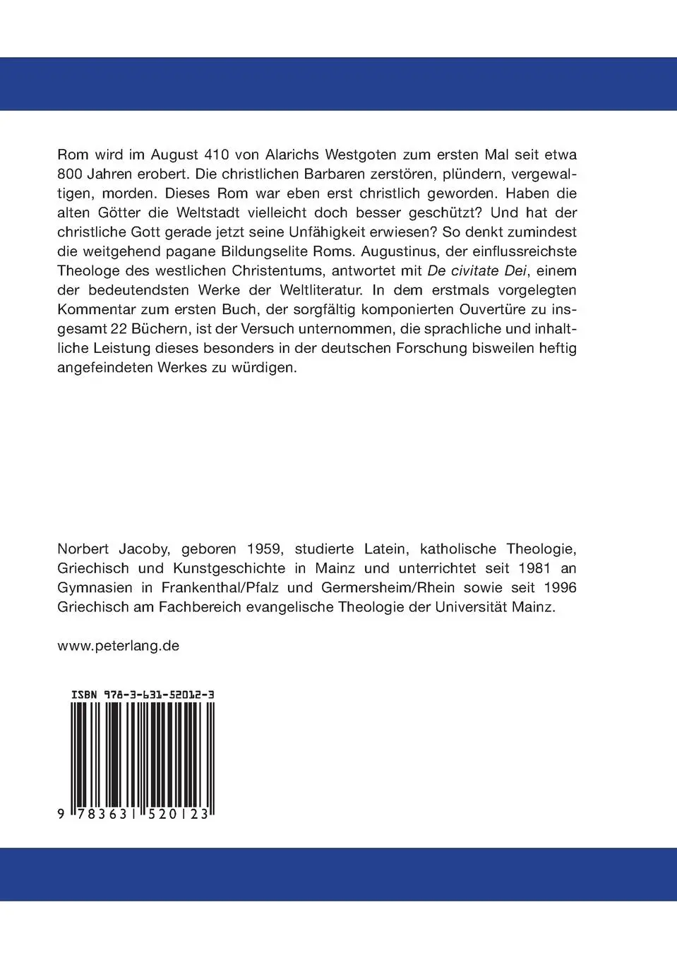 Rückseite: 9783631520123 | Philologischer Kommentar zu Augustinus 'De civitate Dei', Buch I