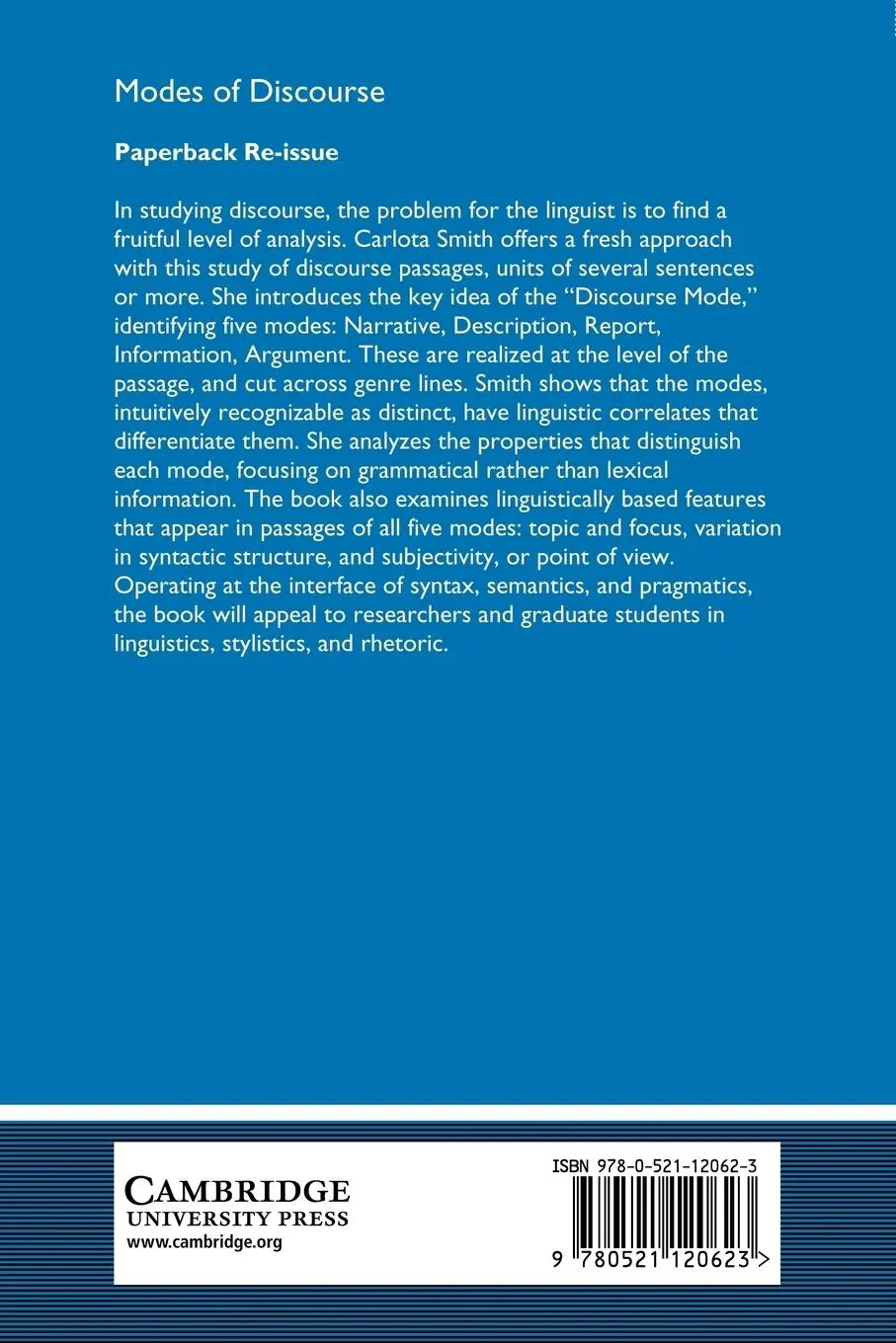 Rückseite: 9780521120623 | Modes of Discourse | The Local Structure of Texts | Carlota S. Smith