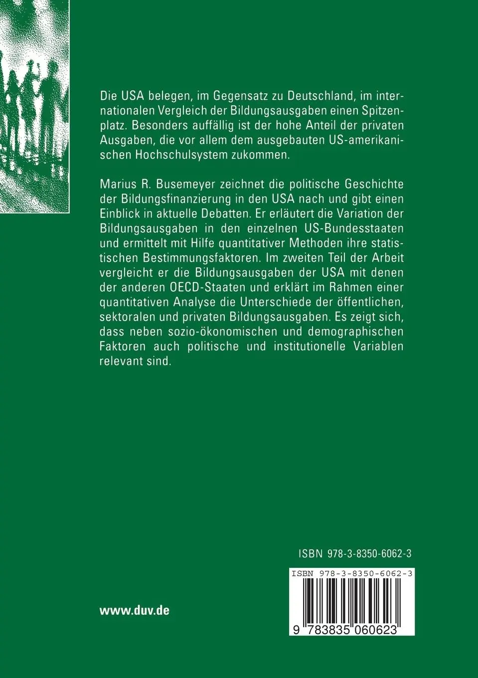 Rückseite: 9783835060623 | Die Bildungsausgaben der USA im internationalen Vergleich | Busemeyer
