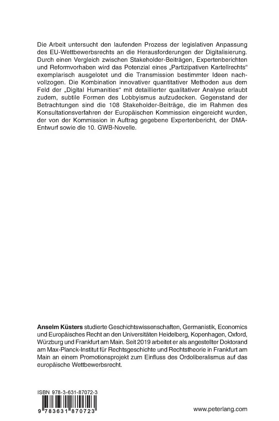 Rückseite: 9783631870723 | Gestaltung des EU-Wettbewerbsrechts im digitalen Zeitalter | Küsters