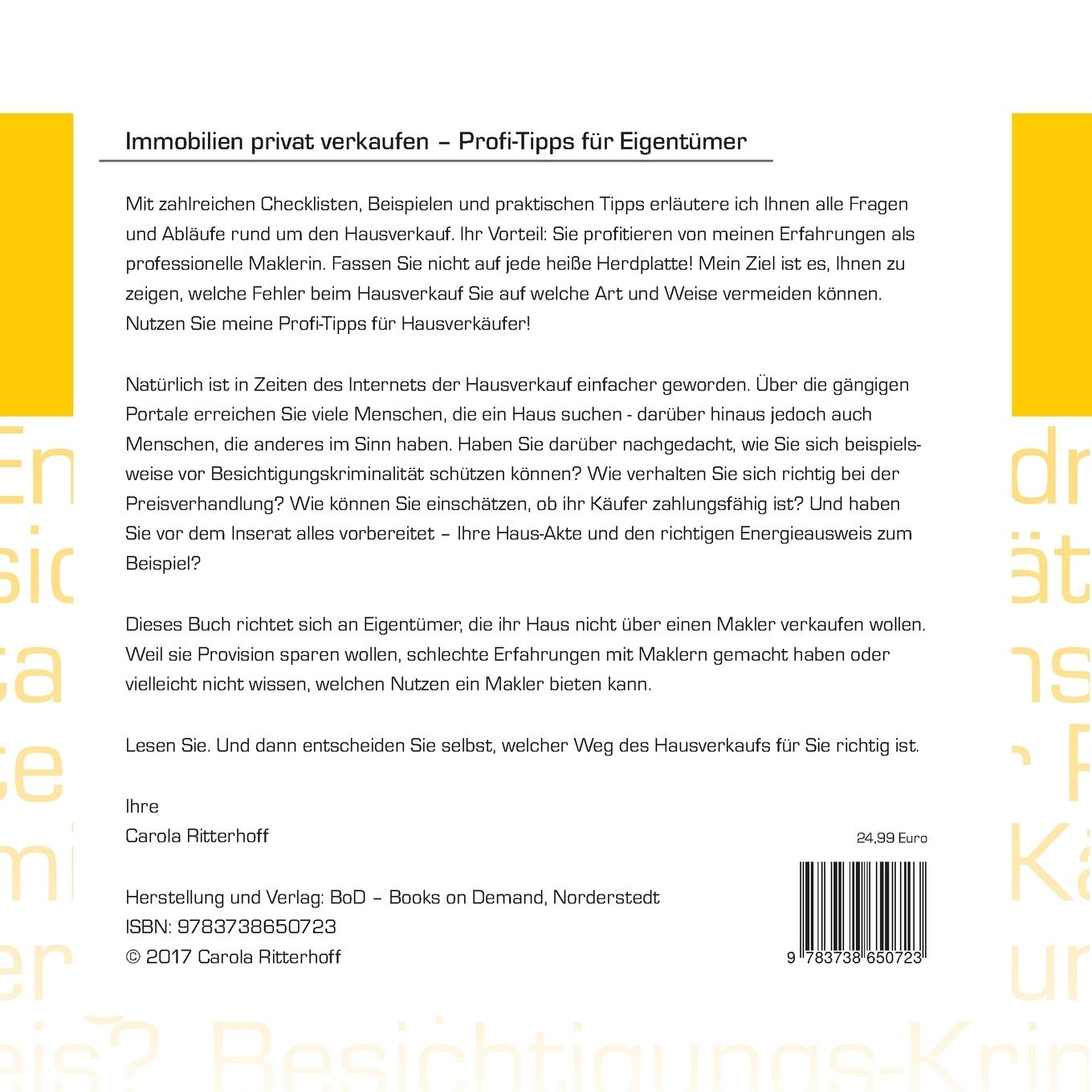 Rückseite: 9783738650723 | Immobilien privat verkaufen | Profi-Tipps für Eigentümer | Ritterhoff
