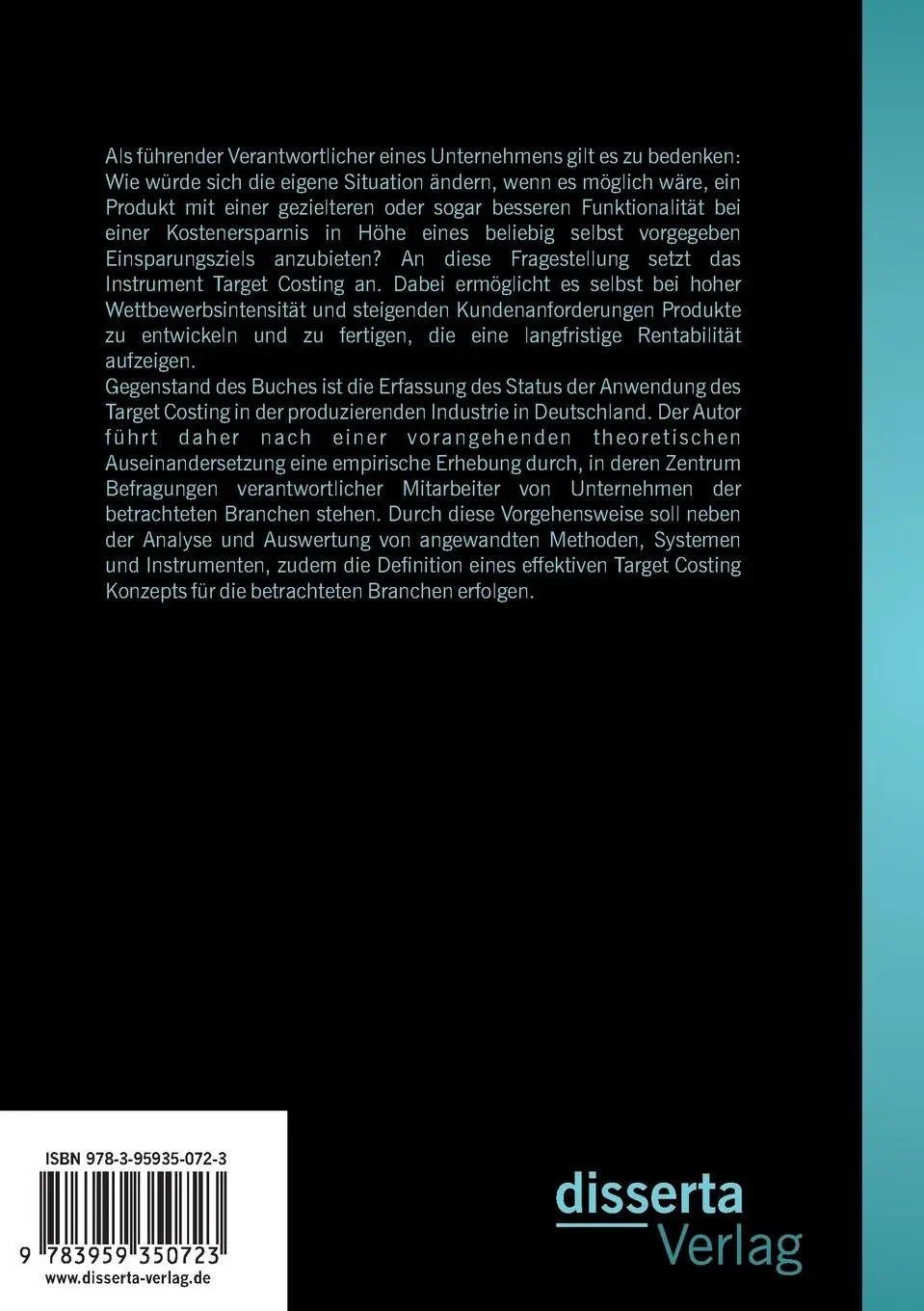 Rückseite: 9783959350723 | Target Costing in der produzierenden Industrie | Benjamin Brenk | Buch