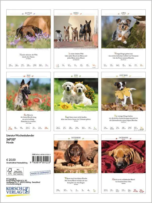 Bild: 9783819301223 | Literaturkalender Hunde 2027 | Korsch Verlag | Kalender | 54 S. | 2027