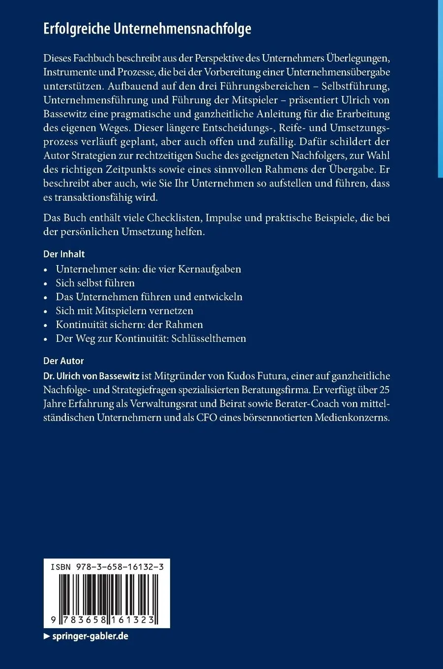Rückseite: 9783658161323 | Erfolgreiche Unternehmensnachfolge | Ulrich von Bassewitz | Buch | x