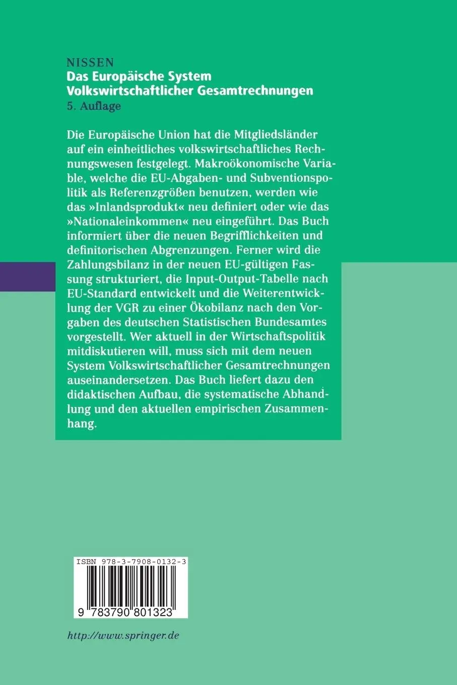Rückseite: 9783790801323 | Das Europäische System Volkswirtschaftlicher Gesamtrechnungen | Nissen
